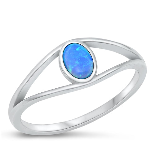 Sterling Silver Rhodium Plated Oval Eye Blue Lab Opal Ring
