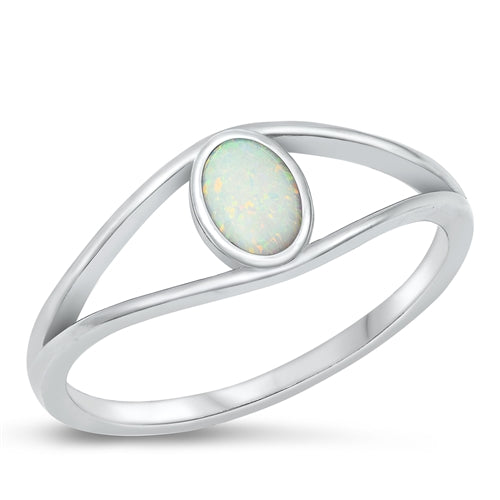 Sterling Silver Rhodium Plated Oval Eye White Lab Opal Ring