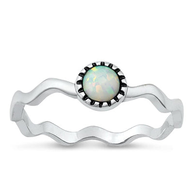 Sterling Silver Oxidized Round White Lab Opal Ring