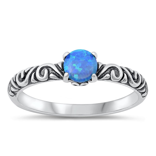 Sterling Silver Oxidized Celtic Round Blue Lab Opal Ring
