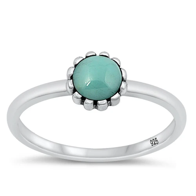 Sterling Silver Oxidized Genuine Turquoise Round Stone Ring