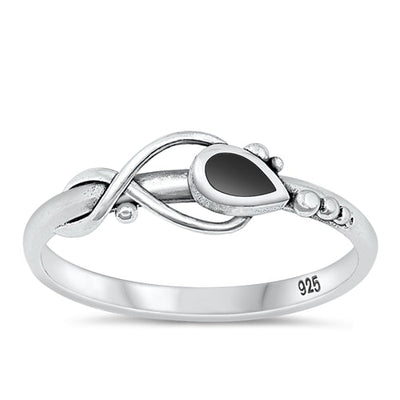 Sterling Silver Oxidized Tear Drop Black Agate Ring