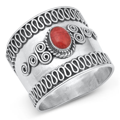 Sterling Silver Oxidized And Polished Red Coral Bali Ring