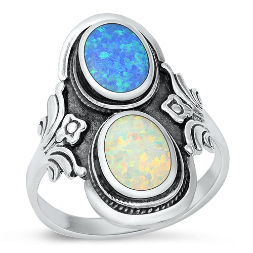 Sterling Silver Oxidized Blue and White Lab Opal Ring-29.4mm