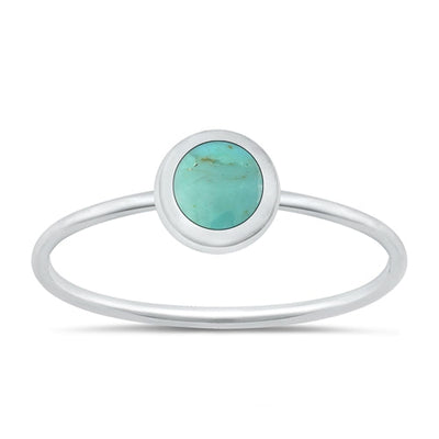 Sterling Silver Polished Round Genuine Turquoise Stone Ring