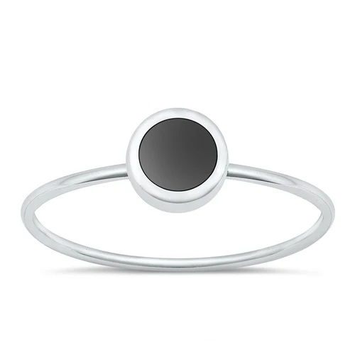 Sterling Silver Polished Round Black Agate Stone Ring