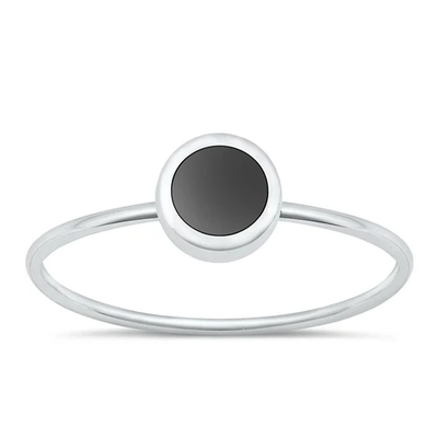 Sterling Silver Polished Round Black Agate Stone Ring