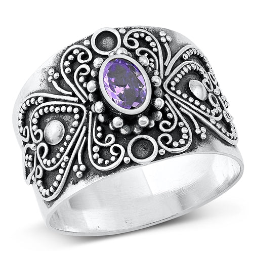 Sterling Silver Oxidized Celtic Amethyst CZ Stone Ring