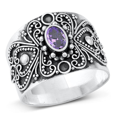 Sterling Silver Oxidized Celtic Amethyst CZ Stone Ring