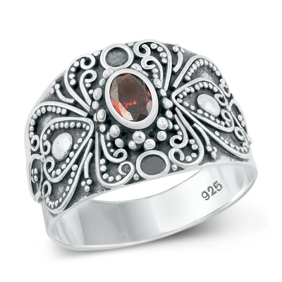 Sterling Silver Oxidized Bali Style Garnet CZ Ring