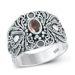 Sterling Silver Oxidized Bali Style Garnet CZ Ring