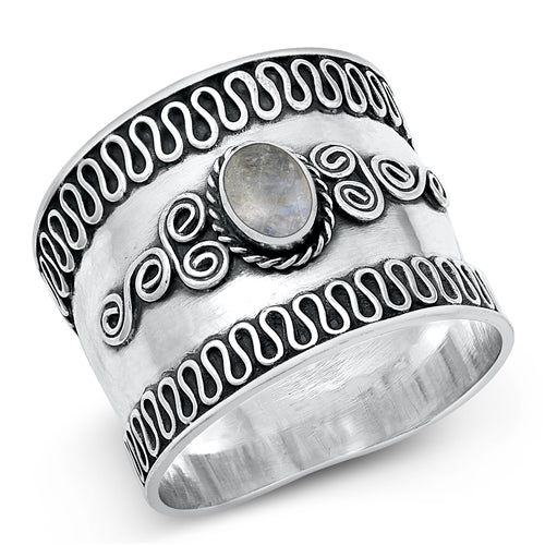 Sterling Silver Oxidized And Polished 18mm Moonstone Bali Ring