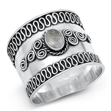 Load image into Gallery viewer, Sterling Silver Oxidized And Polished 18mm Moonstone Bali Ring