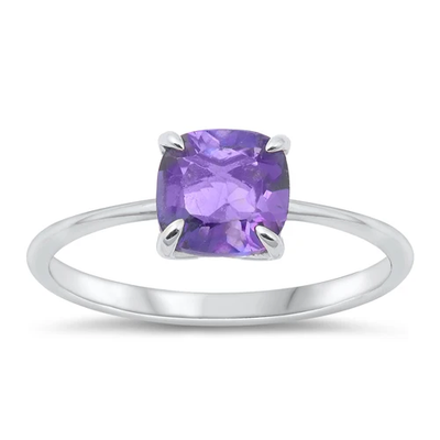Sterling Silver Rhodium Plated Princess Cut Genuine Amethyst Stone Ring