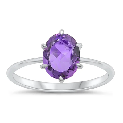 Sterling Silver Rhodium Plated Oval Genuine Amethyst Stone Ring