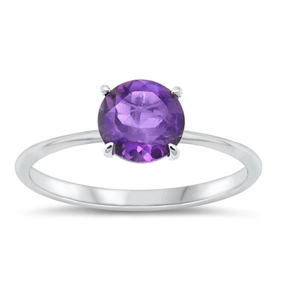 Sterling Silver Rhodium Plated Round Genuine Amethyst Stone Ring