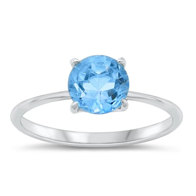 Sterling Silver Rhodium Plated Round Genuine Aquamarine Stone Ring