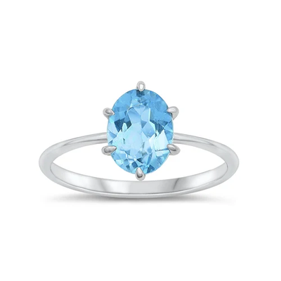 Sterling Silver Rhodium Plated Oval Genuine Aquamarine Stone Ring