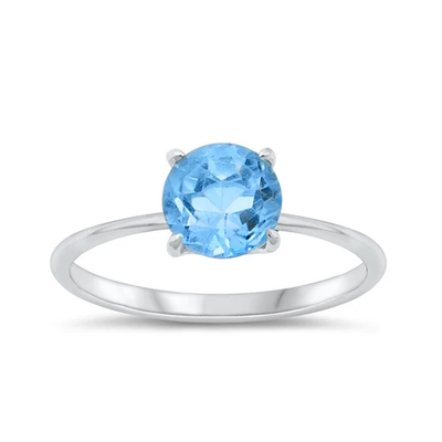 Sterling Silver Rhodium Plated 7mm Round Genuine Aquamarine Stone Ring