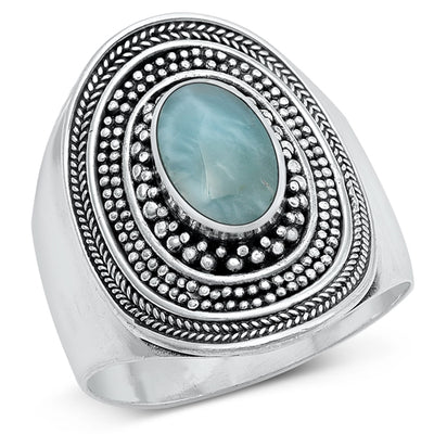 Sterling Silver Oxidized And Polished Larimar Bali Ring