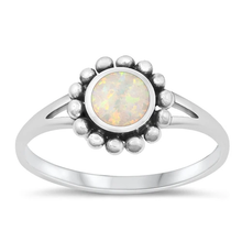 Load image into Gallery viewer, Sterling Silver Oxidized Round Flower White Lab Opal Ring