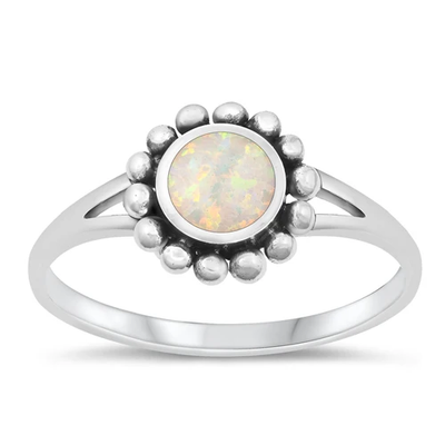 Sterling Silver Oxidized Round Flower White Lab Opal Ring