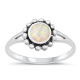 Sterling Silver Oxidized Round Flower White Lab Opal Ring