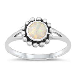Sterling Silver Oxidized Round Flower White Lab Opal Ring