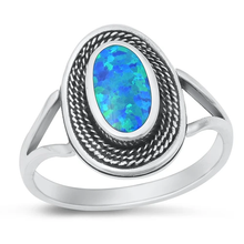 Load image into Gallery viewer, Sterling Silver Oxidized Spiral Oval Blue Lab Opal Ring