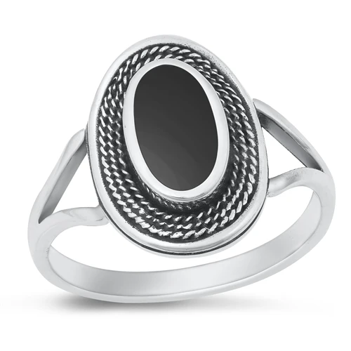 Sterling Silver Oxidized Spiral Oval Black Agate Stone Ring