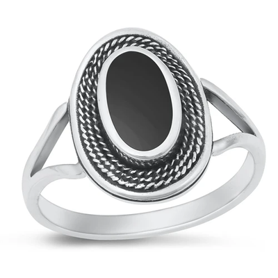 Sterling Silver Oxidized Spiral Oval Black Agate Stone Ring