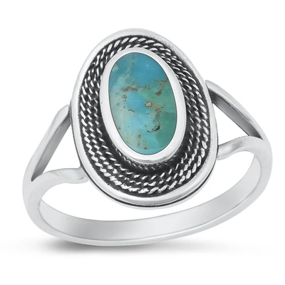 Sterling Silver Oxidized Spiral Oval Genuine Turquoise Stone Ring