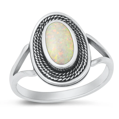 Sterling Silver Oxidized Spiral Oval White Lab Opal Ring