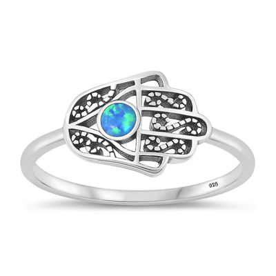 Sterling Silver Oxidized Hamsa Blue Lab Opal Ring