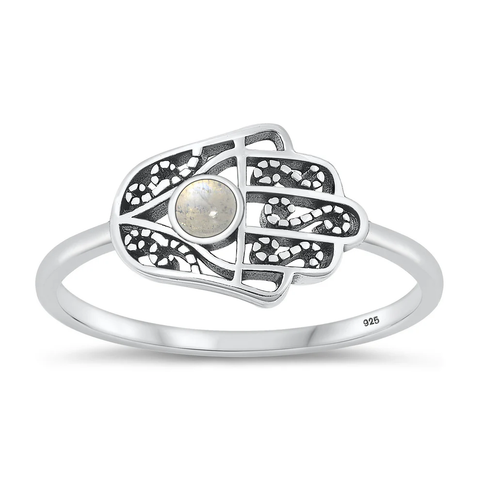 Sterling Silver Oxidized Hamsa Moonstone Stone Ring