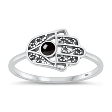Load image into Gallery viewer, Sterling Silver Oxidized Hamsa Black Agate Stone Ring