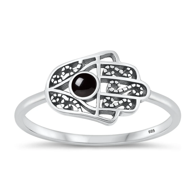 Sterling Silver Oxidized Hamsa Black Agate Stone Ring