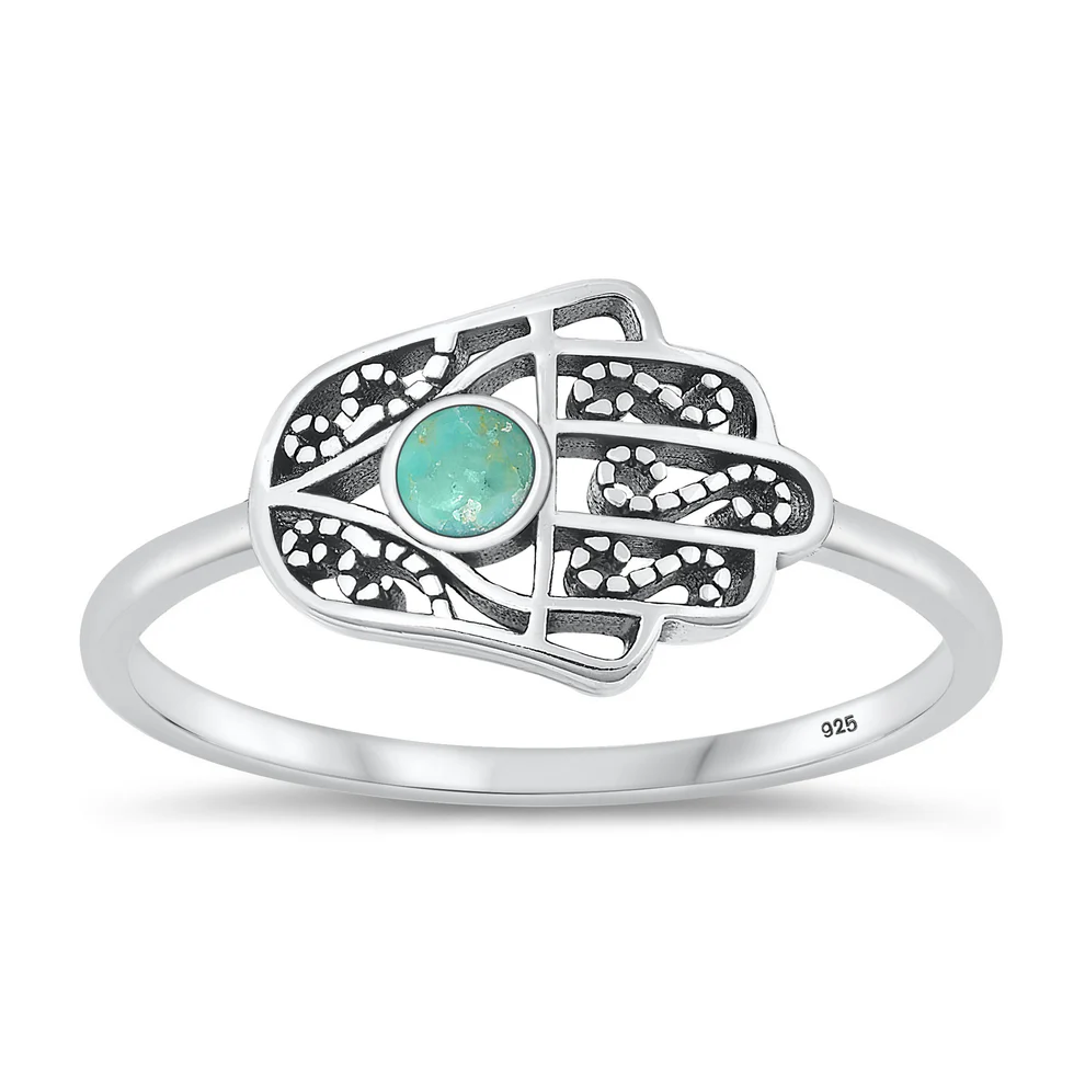 Sterling Silver Oxidized Hamsa Genuine Turquoise Stone Ring