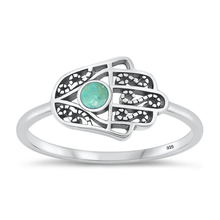 Load image into Gallery viewer, Sterling Silver Oxidized Hamsa Genuine Turquoise Stone Ring