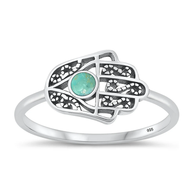 Sterling Silver Oxidized Hamsa Genuine Turquoise Stone Ring