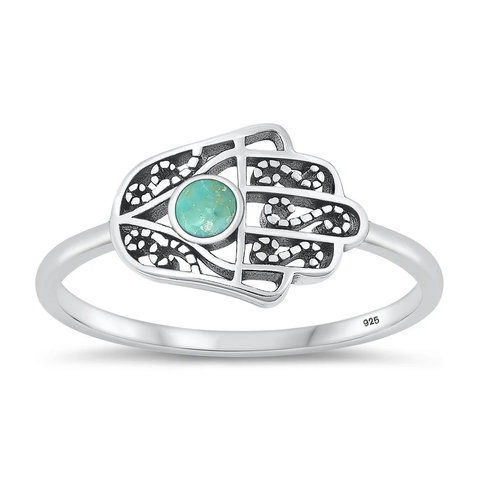 Sterling Silver Oxidized Hamsa Genuine Turquoise Stone Ring