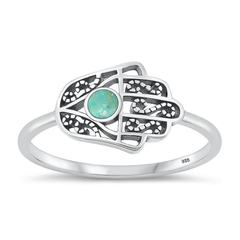 Sterling Silver Oxidized Hamsa Genuine Turquoise Stone Ring