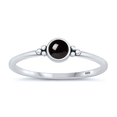 Sterling Silver Oxidized Round Center Black Agate Stone Ring