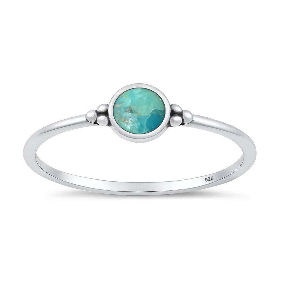 Sterling Silver Oxidized And Polished Round Genuine Turquoise Stone Ring
