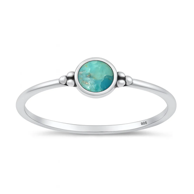Sterling Silver Oxidized And Polished Round Genuine Turquoise Stone Ring