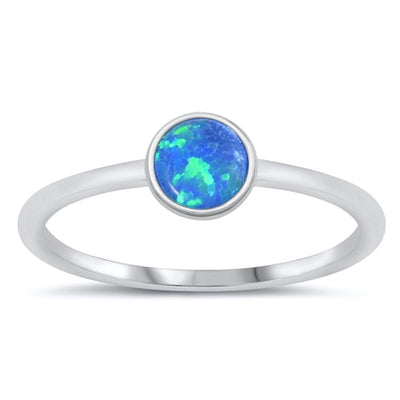 Sterling Silver Rhodium Plated Blue Lab Opal Round Stone Ring