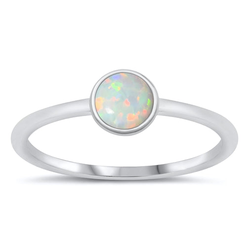 Sterling Silver Rhodium Plated White Lab Opal Round Stone Ring