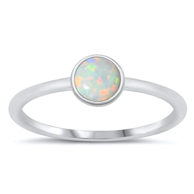 Sterling Silver Rhodium Plated White Lab Opal Round Stone Ring