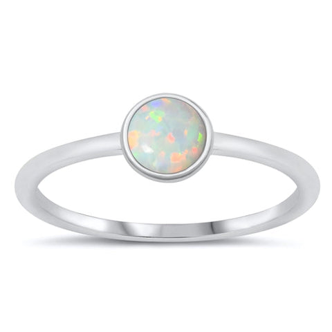 Sterling Silver Rhodium Plated White Lab Opal Round Stone Ring