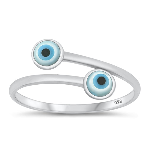 Sterling Silver Rhodium Plated Mother Of Pearl Double Evil Eye Ring